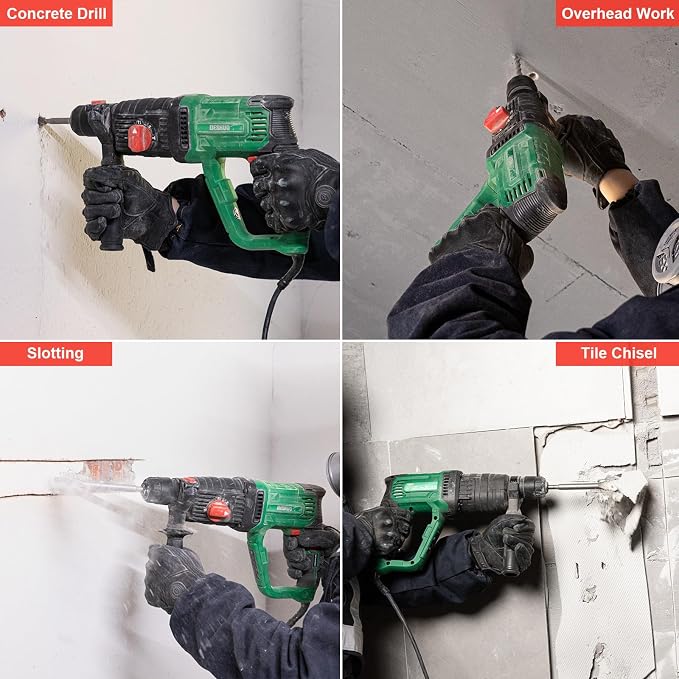 1" SDS-Plus Lightweight Rotary Hammer Drill for Concrete/Masonry | 9 Amp Corded Electric 7.2 Lbs 4 Functions & Reverse Variable Speed Safety Clutch Rotomartillo w/ 3 Drill Bits 2 Chisels Case