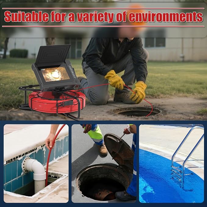 Sewer Pipe Inspection Camera, IPS Monitor 32GB TF Card DVR, IP68 1200TVL HD Camera 65/100FT Fiberglass Cable, 5600mAh Battery Night Vision, for Home/Contractor/Plumber (7 inch/100FT)