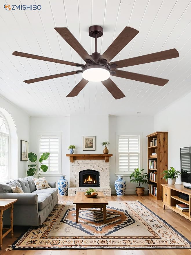 ZMISHIBO 65 Inch Ceiling Fan with Light, Indoor/Outdoor Ceiling Fans with Large LED Panel, Quiet Reversible DC Motor, 6-Speeds, 3CCT, Brown Farmhouse Ceiling Fan for Patio, Livingroom, Bedroom