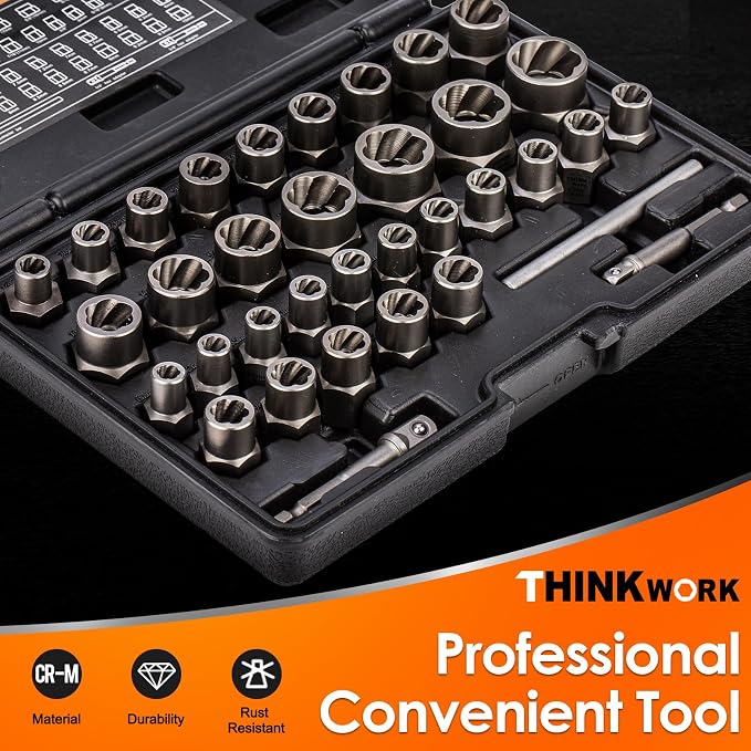 THINKWORK Bolt Extractor Kit, 35-Piece Nut Extractor Socket Set, 1/4" & 3/8" Drive Rounded Bolt Remover for Damaged, Rusted, Rounded-Off, Stripped Fasteners
