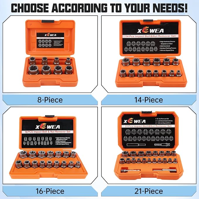 XEWEA 21PCS Bolt Nut Extractor Set, 3/8" Drive Easy Out Broken Lug Nut Extraction Remover Socket Set for Damaged, Frozen,Studs,Rusted, Rounded-Off Bolts & Nuts Screws