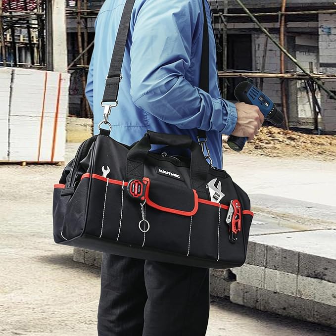 HAUTMEC 3-Piece Large Tool Bag Set (12” / 18” / 24”), Heavy-Duty 1680D Wide Mouth Tool Bag with Metal Frame, Foldable Tool Tote Bag with Non-Slip Base, Double Zippers & Padded Shoulder Strap – HT0297
