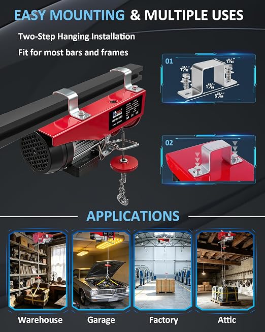1320 lbs Electric Hoist with 14.1 ft Wired Control,110V Electric Winch with Emergency Stop Switch,Zinc-Plated Steel Wire Hoist,Material Handling Tool for Warehouse,Garage,Factory,Attic