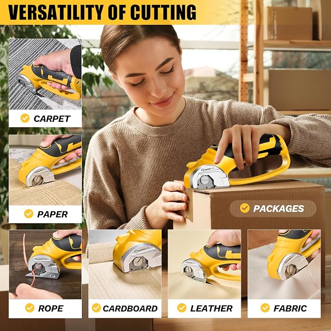 SakerPlus Cordless Electric Scissors, 4V Cardboard Cutter, Box Cutter - 2 Blades, 1 Storage Bag, Safety Lock & LED Light, Rechargeable Power Rotary Cutter for Box Carpet Fabric Plastic Leather