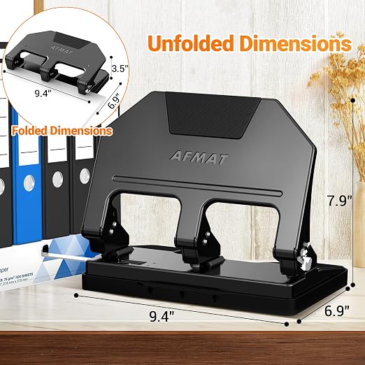 AFMAT 3 Hole Punch Heavy Duty, 9/32" Hole Diameter, 40-Sheet 3 Hole Puncher for Binder, 50% Reduced Effort, Metal Three Hole Punch w/ 10,000+ Uses, Bulit-in S.S. Paper Guide, Large Chip Tray, HPX3