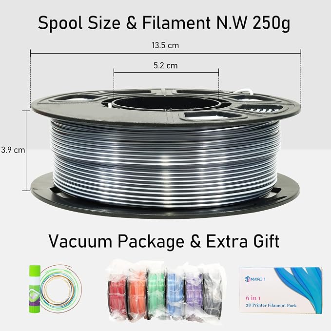 MIKA3D Dual Color 1.75mm 3D Printer Filament Bundle, 3D Printing Silk PLA 6 Spools Pack, Silk White Purple,White Blue,White Orange,WhiteBlack, WhiteGreen, WhiteRed,3D Printing PLA 250g X 6 Spools