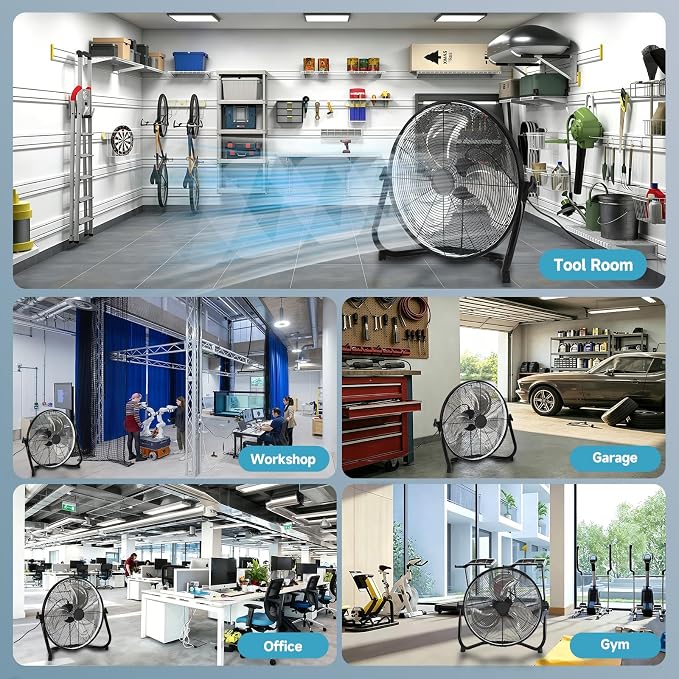 AHAWILL 20" High Velocity Metal Floor Fan with Light,6-Speed Plug-in Fan with Remote & APP,Industrial Fan with Rear Buttons,360° Tilt & 3CCT,Wall Mountable,Anti-Vibration for Garage,Warehouse,Shop,Gym