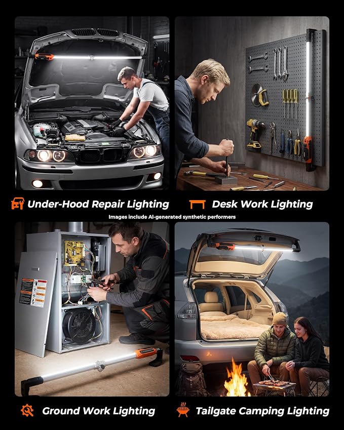 Underhood Work Light Bar, 180°Foldable Mechanic Light & 360°Rotatable Kickstand, Extendable 45.28"-72.83", 1800LM Rechargeable LED Work Light, 2-in-1 Charging Modes Engine Bay Light for Car Repair