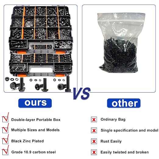 Taiss 3160PCS Metric Flange Bolt Assortment Kit,Nuts and Bolts Assortment Kit M2 M3 M4 M5 M6x1.0 M8x1.25 M10x1.5 Bolt(4-45mm)42 Sizes Hex Socket Button & Cap Head Metric Screw 10.9 Black Zinc Plated