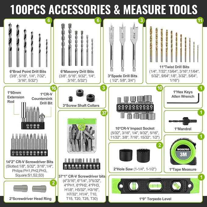 WORKPRO 20V Max Cordless Drill Driver Set, Electric Power Impact Drill Tool with 100 Pieces Accessories, 1/2'' Chuck Impact Drill Kit with Portable Case, 2 x 2.0Ah Li-ion Batteries with Fast Charger