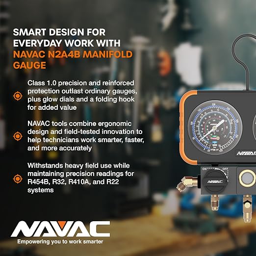 NAVAC N2A4B Manifold Gauge - Class 1.0 Accuracy, Impact-Resistant, Manifold Gauge for HVAC with Quarter-Turn Ball Valve Handles & Strengthened Folding Hook Design, Easy to Carry, Hose Not Included