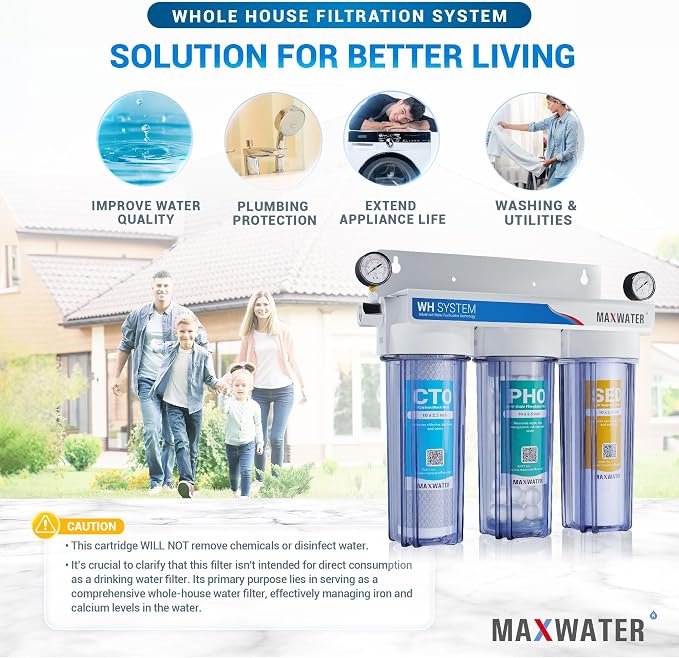 Max Water 3 Stage (Good to Protect Home from Scale & Corrosion) 10 inch Standard Water Filtration System for Whole House - Sediment + Anti Scale + CTO Post Carbon - 3/4" Inlet/Outlet - Model : WH-SC1