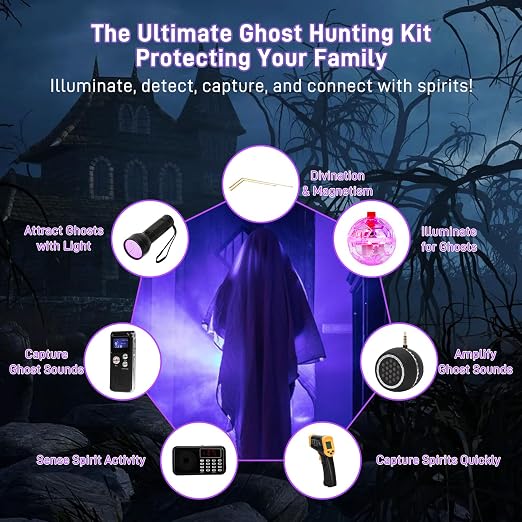 11 Pcs Ghost Hunting Kit with 1 EMF Meter,1 EVP Recorder, 1 Spirit Box,1 Speaker,1 Infrared Thermometer,1 UV Light,2 Brass Detection Rods,2 LED Light up Cat Balls & 1 Carrying Case