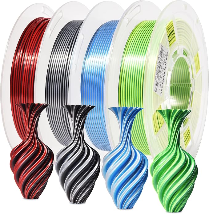 RAMBERY Silk Dual Color 3D Printer Filament Bundle 1.75mm +/- 0.02mm, Bicolor PLA 3D Printing Filament 200gX4 Spools (1.76 lbs), Black-Silver, Red-Black, Blue-Silver, Yellow-Green