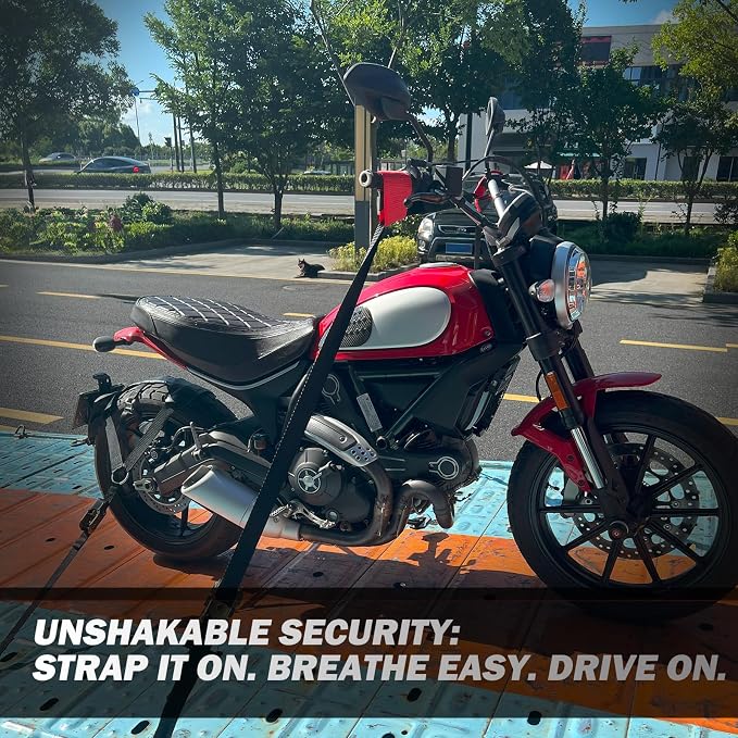 Motorcycle Tie-Down Strap Kit, Front Handlebar & Rear Wheel Tie Down Straps, Heavy Duty 1,500 lbs Break Strength with Ratchet Straps for Motorcycle Transport