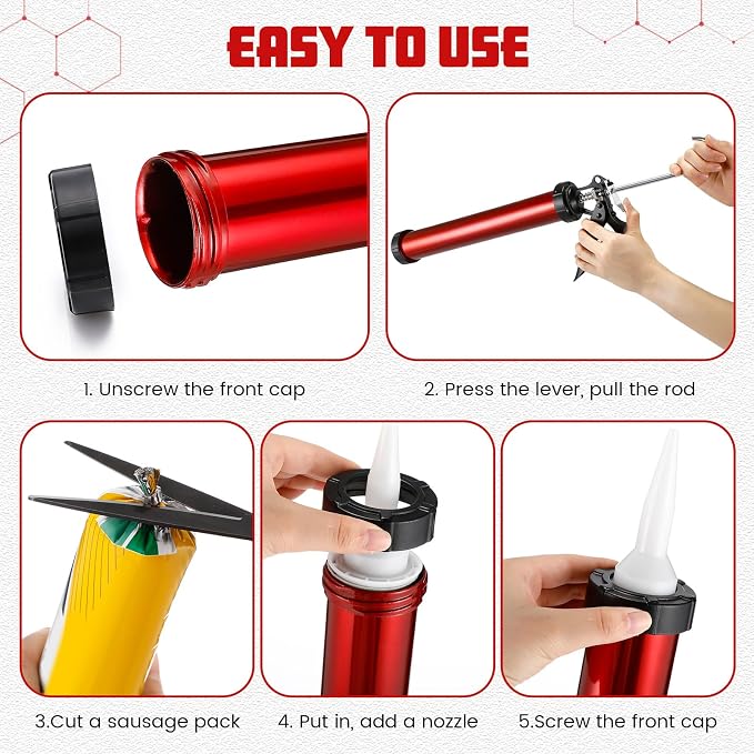 Lasnten 2 Pack Sausage Caulk Gun 20 oz Aluminum Cordless Sausage Caulking Gun with 4 Cone Nozzles, 18: 1 Thrust, Aluminum Sealant Hand Caulk Kit for Contractors (Red)