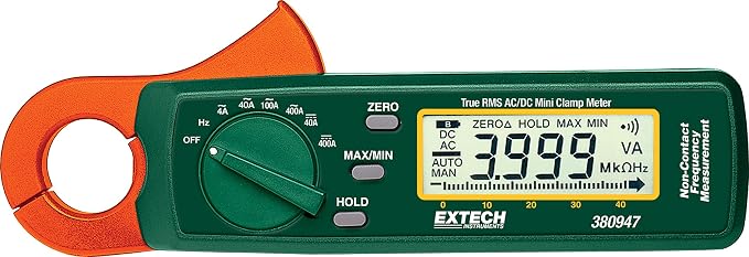 Extech 380947 400A True RMS AC/DC Mini Clamp Meter | 1mA resolution, frequency to 10kHz, bargraph, auto zero, min/max, data hold, battery, case