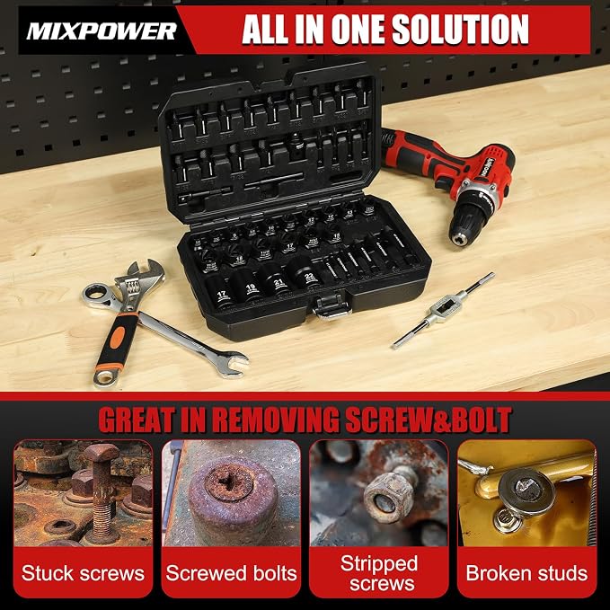MIXPOWER 46-Piece Impact Bolt Extractor Socket Set,Bolt & Nut Remover Socket Tool Kit, Stripped Bolt Extractor for Damaged Screws and Bolts
