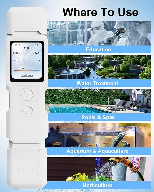 9-in-1 Smart Water Tester with APP Monitoring, Digital Water Test Kit for Turbidity, TDS, EC, Temp, Salt, GH, TOC, COD & UV275, Professional Water Tester for Drinking Water, Well, Tap & Outdoor.