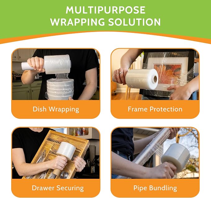 PSBM Mini Plastic Stretch Wrap Film with Handles 5"x1000' 80 Gauge 12 Rolls | Extended Core Handles, Heavy Duty Upto 500% Strength Plastic Shrink Film for Moving, Packing, Shipping & Industrial Packaging