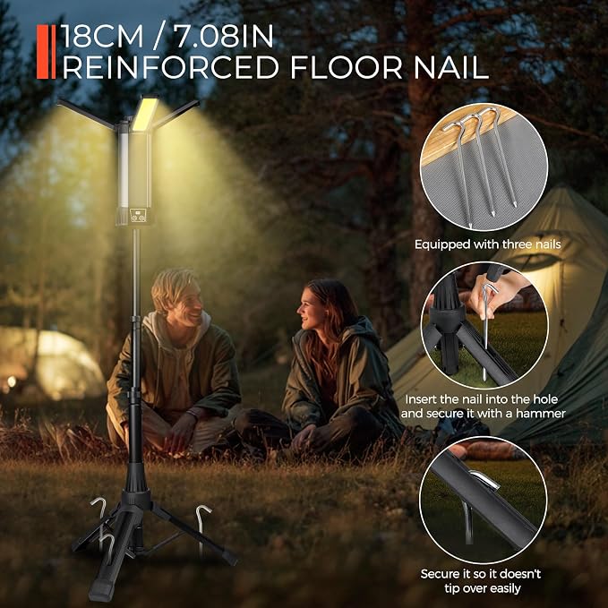 Rechargeable Work Light with Stand, Magnetic Base, Hook & Tripod (Middle) | 6000mAh battery, Telescopic tripod, Magnetic base, Hanging hook, 3 metal floor spikes, Storage bag, Camping