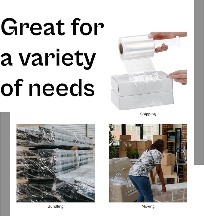 PSBM Mini Plastic Stretch Wrap Film with Handles 5"x1000' 60 Gauge 12 Rolls | Extended Core Handles, Heavy Duty Upto 500% Strength Plastic Shrink Film for Moving, Packing, Shipping & Industrial Packaging