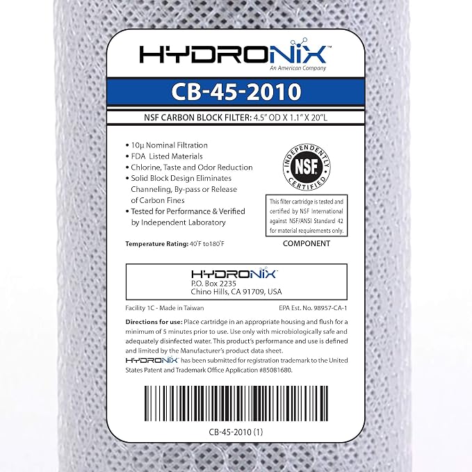 Hydronix HX-CB-45-2010 Whole House, Commercial & Industrial Nsf Coconut Carbon Block Water Filter, 4.5 inch x 20 inch - 10 Micron, White