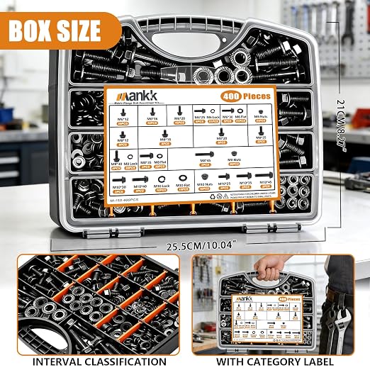 mankk 400PCS Metric Grade 10.9 Flange Bolts and Nuts Assortment Kit M6x1.0, M8x1.25, M10x1.5 (12mm to 45mm) Black Alloy Steel Class Hex Bolts and Nuts Washers Kit for Automotive