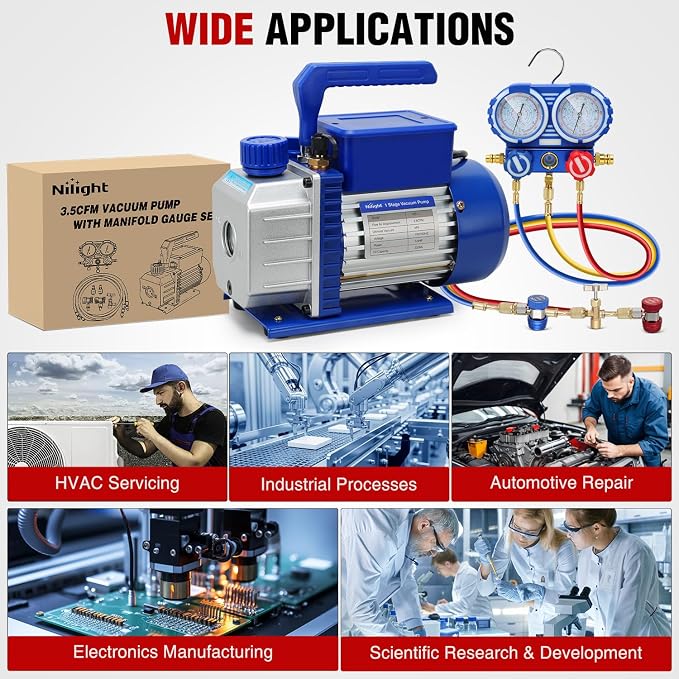 Nilight AC Vacuum Pump and Gauge Set, 3.5 CFM 1/4 HP 110V Single Stage HVAC Vacuum Pumps & Manifold Gauge Set Kit for R22 R404a R134a R410a, for Auto Air Conditioning Servicing Refrigerant Recharging