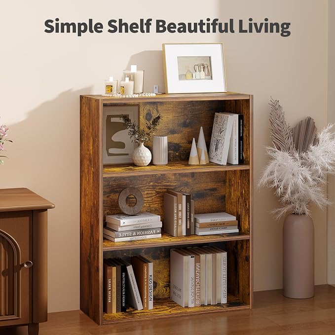 Sweetcrispy Industrial 3 Shelf Bookcase - Large 31.5 Inch Tall Floor Standing Open Bookshelf for Home Office, Living Room, and Bedroom Storage, Display Organizer, Brown