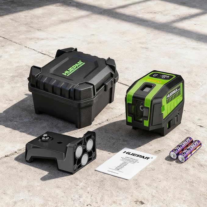 HUEPAR 5 Point Self Leveling Laser Alignment Tool with Plus Mode (98-165Ft), Laser Plumb Dots Level with 360° Magnetic Base Includes 2 AA Batteries & Hard Carrying Case - PL500G
