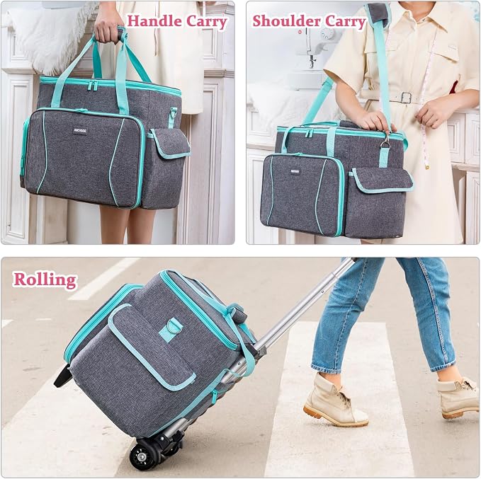 AMOIGEE Rolling Sewing Machine Case with Wheels – Sewing Machine Bag with Detachable Wheels Frame, Trolley Tote with Removable Padding,Fits Most Standard Machines Compatible with Singer,Brother,Janome