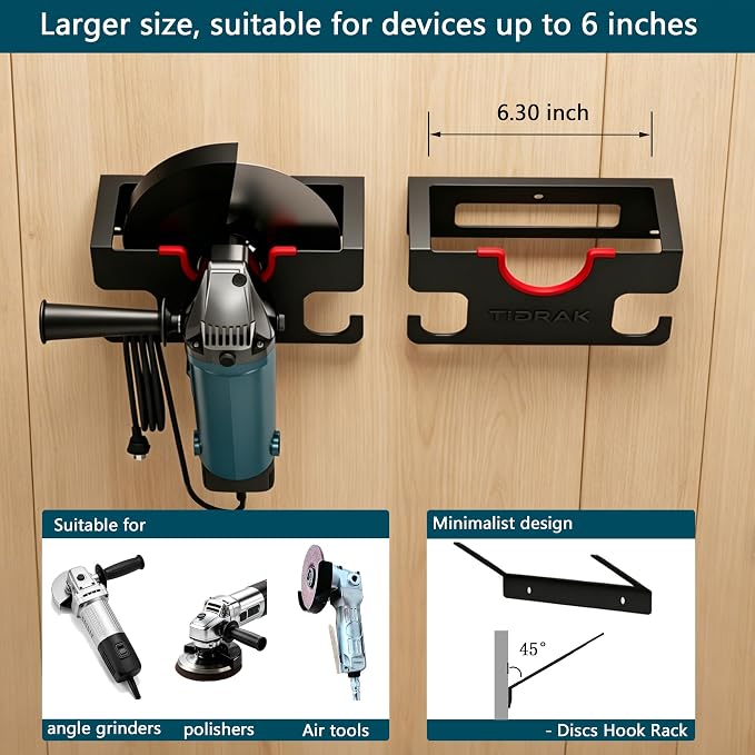 Angle Grinder Holder Wall Mount – Heavy Duty Tool Storage Rack for 4-1/2" to 6" Grinder, Impact Wrench & Polisher, with Cord Management Hooks & Disc Hooks, Ideal for Workshop & Garage Organization