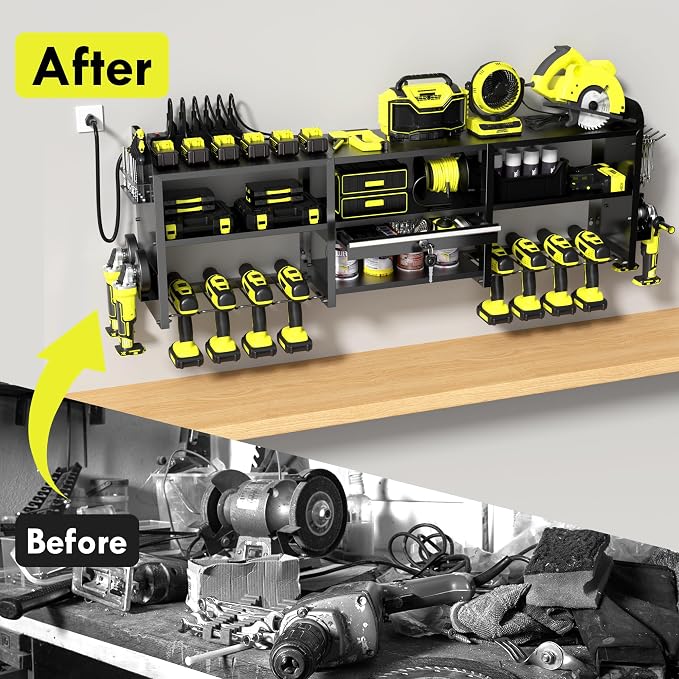 KSVO Large Power Tool Organizer Wall Mount with Locking Drawers, Grinder Holder, Hammer & Pliers Rack, & 6-Outlet Charging Shelf – Heavy Duty Metal Tool Storage for Garage & Workshop (black-new)