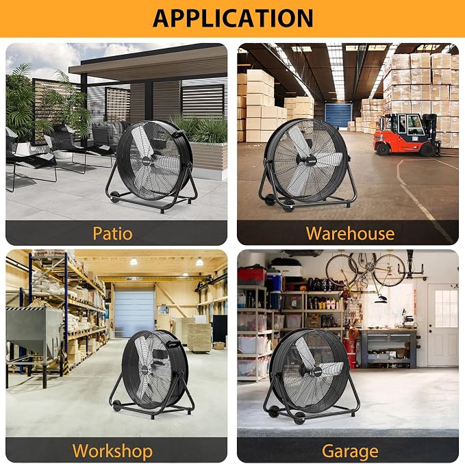 Garvee 24 in Industrial Floor Fan, 3 Speed High Velocity Drum Fan, Heavy Duty Metal Floor Fan Barrel Fan for Commercial, Workshop, Patio, Warehouse, Factory, Garage