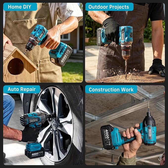 Seesii Power Tool Combo Kits,1000N.m Impact Wrench1/2, 3/8" 180N.m Impact Driver and 1/4" 50N.m Impact Drill, Brushless, 2 * 4000mAh Bartteris,Fast Charger,Impact Gun For Car Home DIY