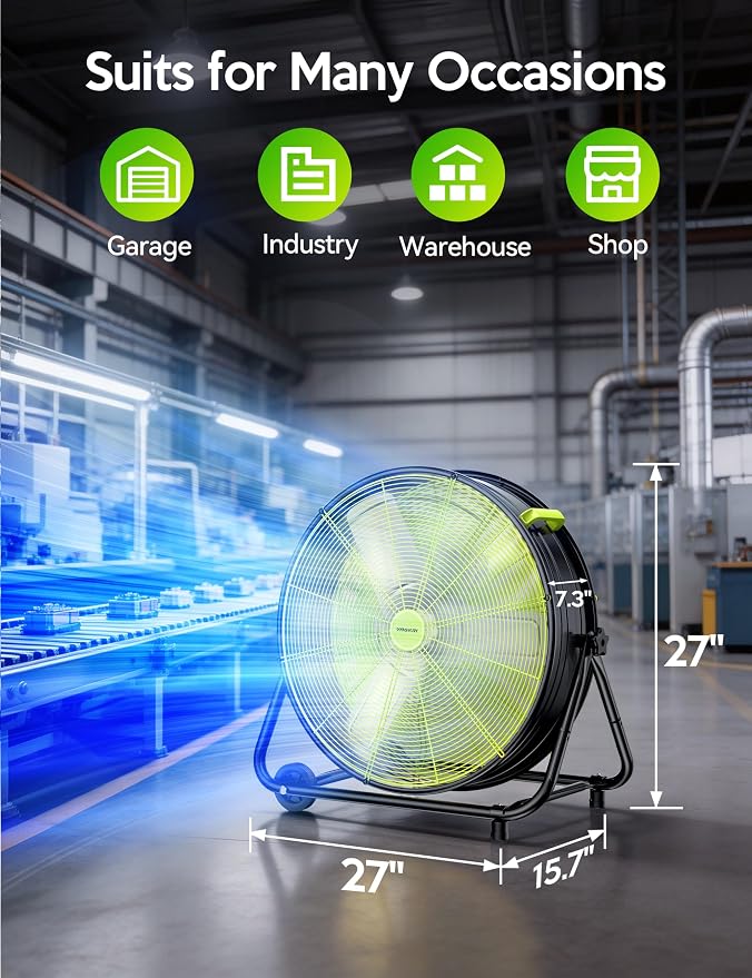 VAGKRI 24 Inch Industrial Drum Fan, 320W High Velocity Floor Fan, 3 Speed Heavy Duty Metal Air Circulator, 360° Tilt with Casters Handle ETL Standard for Patios, Commercial,Basement,Warehouse (Green)