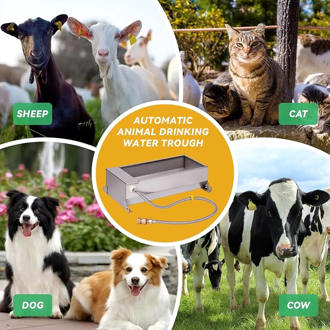 Automatic Livestock Water Trough Stainless Steel Animal Drinking Water Bowl Dispenser with Float Valve Kit Large Capacity Outdoor Animal Self Filling Horse Trough for Dog Horse Pig Cow Goat