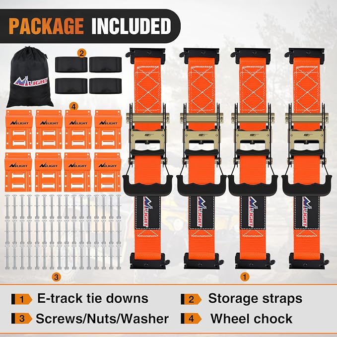 Nilight Wheel Chock Tie Down Kit 4500lb Break Strength 4Pcs E-Track Ratchet Straps 8 Pcs Heavy Duty Trailer Tire Straps System for ATV, UTV, Lawn Mower,SXS 10 in-30 in Diameter Tires Orange