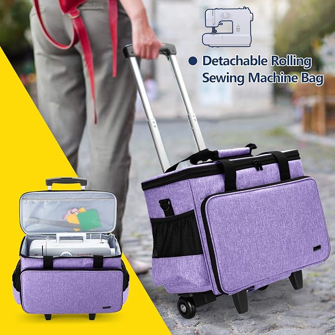 Yarwo Upgraded Rolling Sewing Machine Carrying Case, Detachable Trolley Tote Bag with Removable Bottom Board and Thickened Trailer Leg for Most Standard Sewing Machine and Accessories, Purple