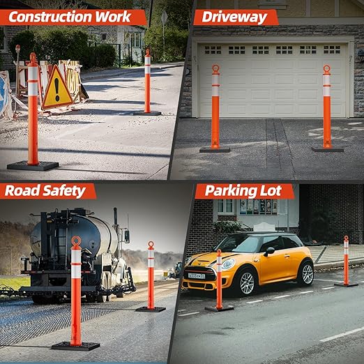 RoadHero 42 Inch Delineator Post with Base, Portable Orange Traffic Delineator Posts Cones with Reflective Collars for Parking Lots, Road Safety, Construction Events (6 Pack)
