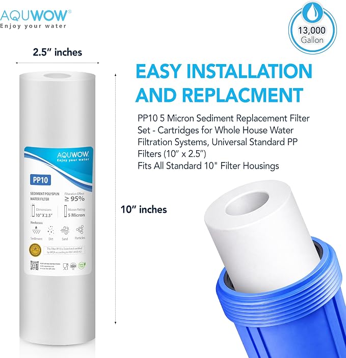 PP10 5 Micron 2.5" x 10" Filter Set – Sediment Replacement Cartridges for Whole House Water Filtration Systems, Universal Standard PP Filters (4, 10 x 2.5)