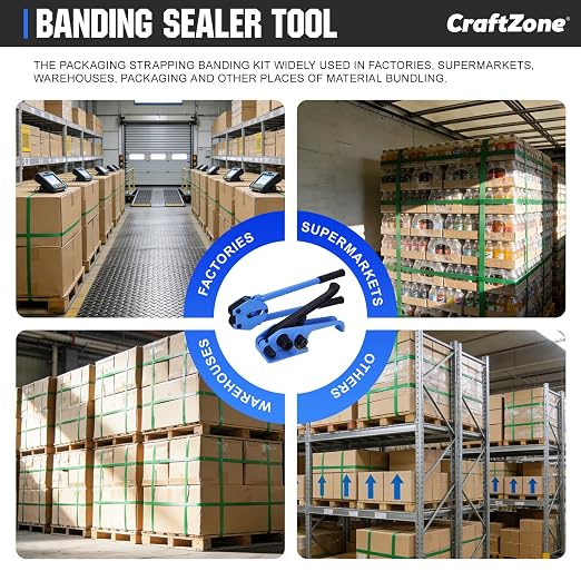Banding Strapping Kit | Pallet Strapping Kit with Tensioner Tool | Heavy Duty Banding Tool 1500lbs Break for Banding Bulky Items Warehouses|Factories | 5/8" W*1000' L Poly Strapping|100 Seals