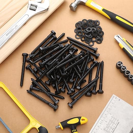 Tandefio 50 Pack 3/8''x 4'' Ceramic Black Lag Screw Kit with Washers Hex Lag Bolts Wood Screws Heavy Duty Ruspert Coating Hot Dip Galvanized Double Layer for Wood Decks Fences
