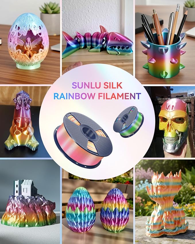 SUNLU Silk Rainbow PLA Filament 1.75mm, Multicolor Gradient 3D Filament, Neatly Wound Shiny Silk 3D Printer Filament, Dimensional Accuracy +/-0.02mm, 1KG Spool(2.2 lbs), Rainbow Silk 02
