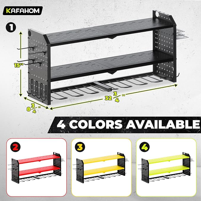 KAFAHOM Power Tool Organizer,Large 8 Drill Holder Wall Mount ,Heavy Duty Metal Tool Shelf with 12 Hooks,Storage Rack for Garage Organization,Utility Cordless Drill Holder and Battery Shelves