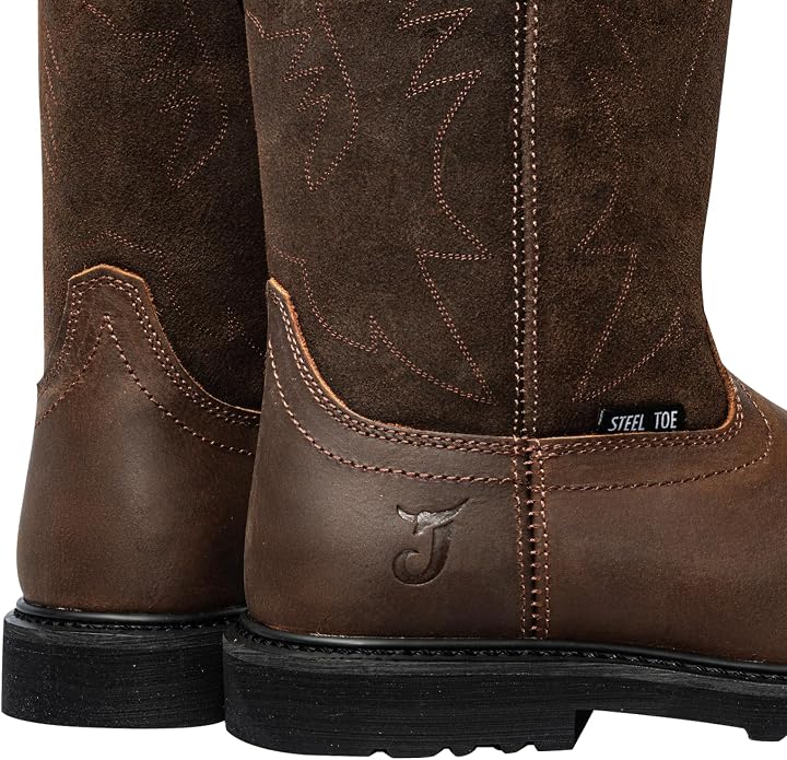 J‘s.o.l.e Men's Cowboy Work Boots Leather Goodyear Welt Non-Slip Rubber Outsole Round Toe Pull-On Brown – Steel Toe & Soft Toe Options