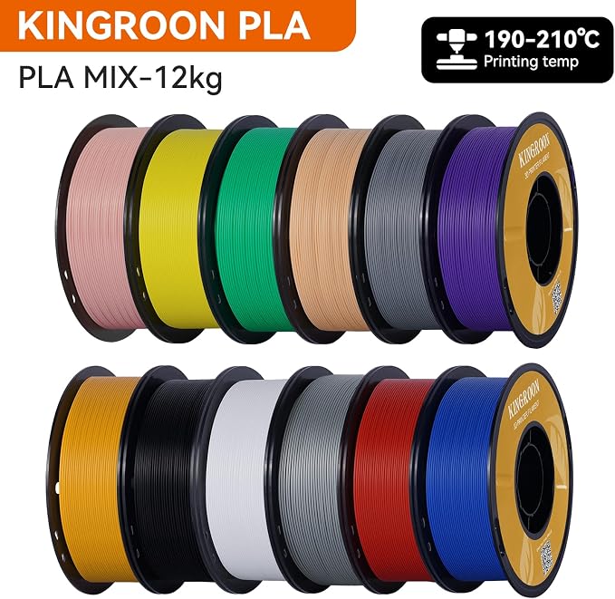 Kingroon PLA 3D Printer Filament, 12Rolls, Dimensional Accuracy +/- 0.03 mm, 12kg Spool(26.4lbs), 1.75 mm,Black White Grey Red Green Yellow Purple Skin Blue Silver Pink Orange