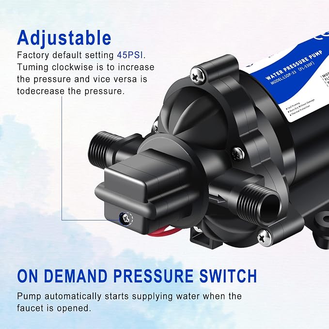 12V DC RV Fresh Water Pump 4 GPM Pressure Increase Booster Pump 45 PSI Transfer Pump Self Priming on Demand Water Pump Diaphragm Pump Washdown for Boats Inline Marine
