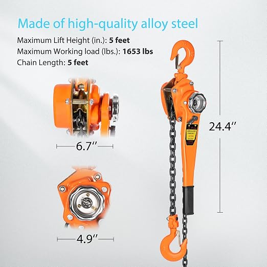 SPECSTAR Lever Chain Hoist 3/4 Ton 1650 Lbs Capacity 5 Feet with 2 Heavy Duty Hooks, Chain Come Along for Warehouse Building Automotive Machinery